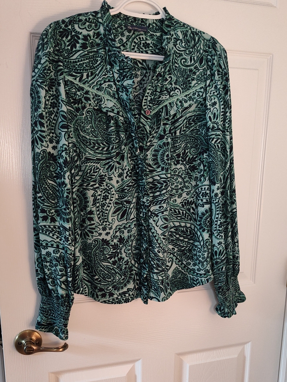 Democracy Teal and Black Paisley Ruffle Blouse